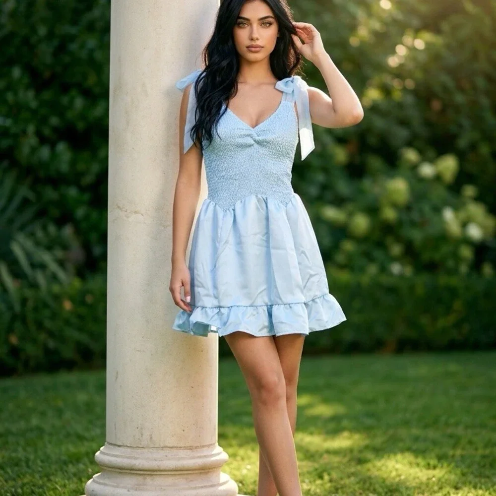 J.nna NWT Dress Womens Size L Light Blue Smocked Tie Strap Ruffle Hem Mini - Picture 3 of 7